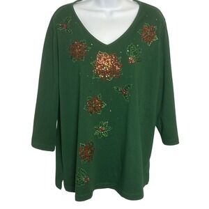 Quacker Factory Sweater Women 1X Green Beaded Embellished Sequin Holiday Top‎